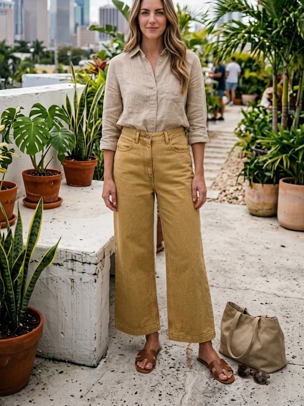 Urban Outfitters Womens Wide Leg Pants Size 26 Tan Beige High Rise Cotton Jeans